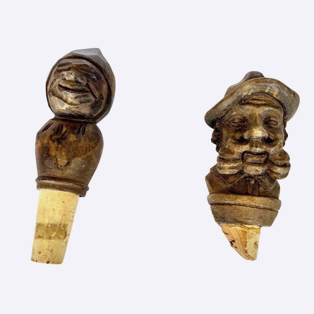 Vintage Hand Carved Wooden Figural Wine Bottle Stoppers Folk Art Set of 2